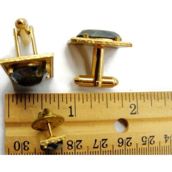 Black Faceted Cuff Link Set Dante Gold Tone Cufflinks & Tie Tack Tux Shirt Vtg - Picture 5 of 11